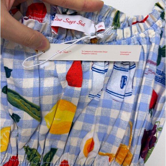NWT Lisa Says Gah Annie Picnic Alfresco Print Maxi Dress Blue Gingham Food 2XL - Picture 3 of 11